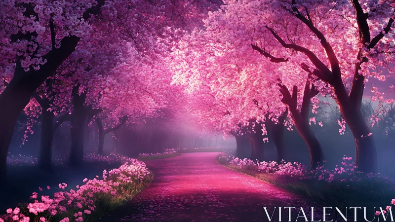Pink blossom tree tunnel over curved path in soft light.