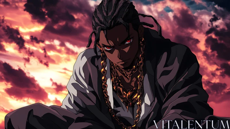 Intense anime antihero crouches under blazing sunset sky.