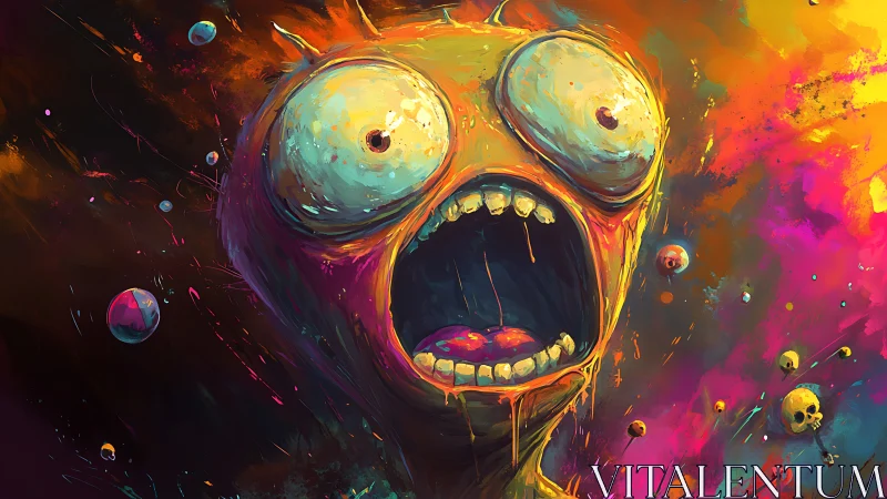 Neon horror creature screams amid explosive cosmic chaos.