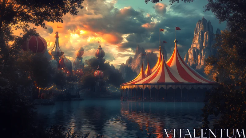 Striped lakeside tent structure stands before distant cliffs