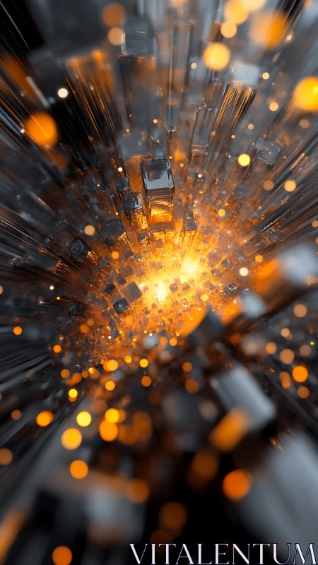 Abstract digital tunnel of metallic blocks and orange lights.