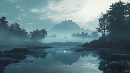 Misty Mountain Valley at Dawn with Serene Reflection