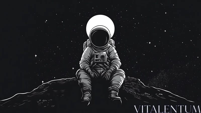 Solitary astronaut sits on rocky surface under star field