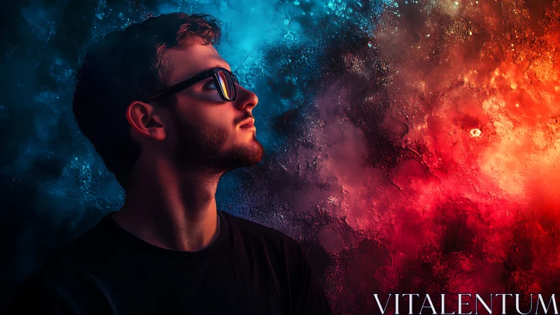 Dreamer in neon cosmos between cool blue and warm fire.