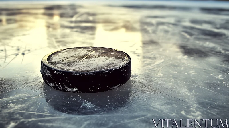 Closeup photorealistic hockey puck on textured outdoor ice