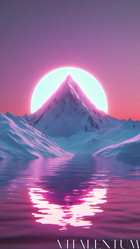 Neon haloed peak over reflective arctic lake at twilight.