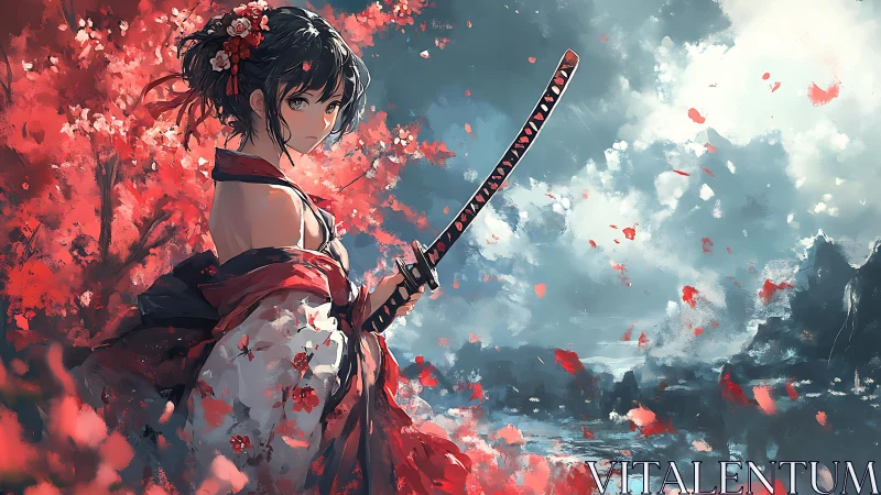 Cherry blossom samurai girl framed by stormy skies.