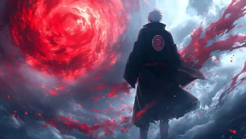 Cloaked anime figure stands before swirling red vortex sky