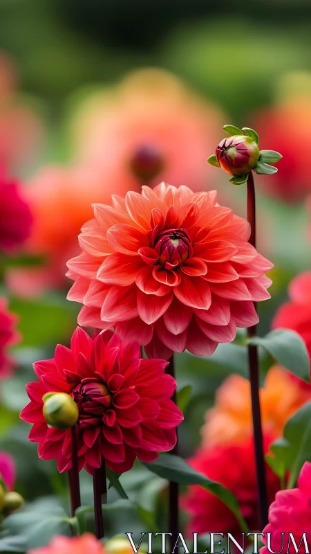 Coral and Crimson Dahlias in Full Bloom.