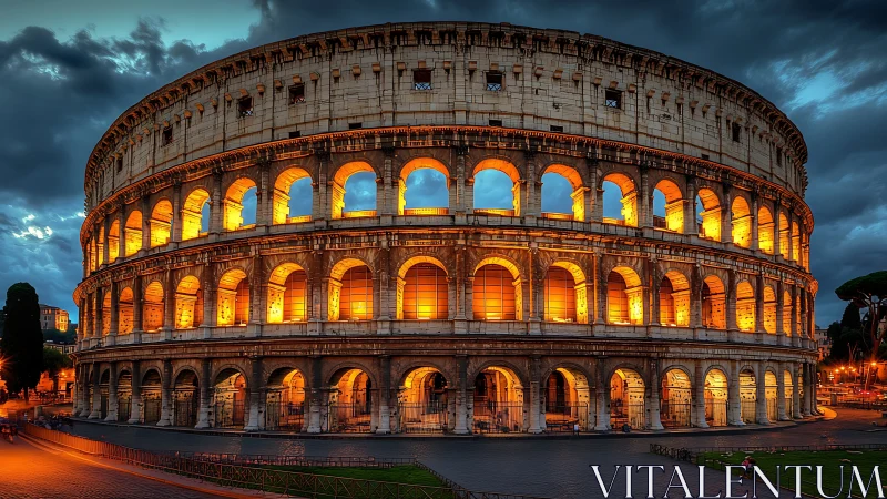 Nocturnal elevation of Roman Colosseum under storm sky.