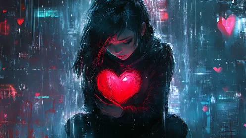 Solitary figure cradles glowing heart amid neon rain