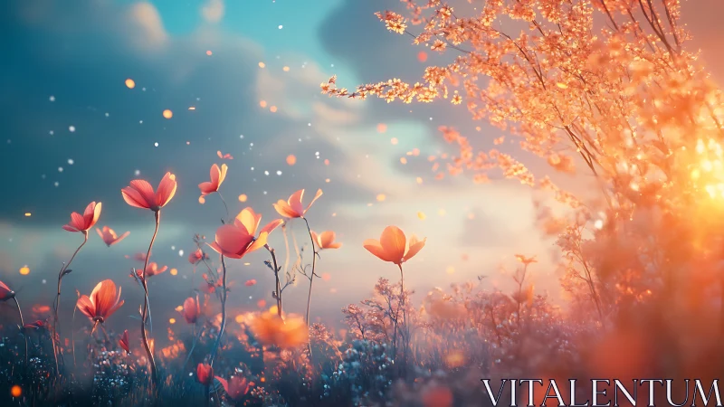 Luminous Wildflowers Blooming in Golden Sunset Light