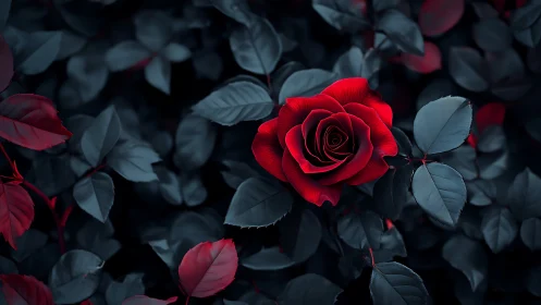 Crimson Rose Blooms Against Deep Teal Foliage