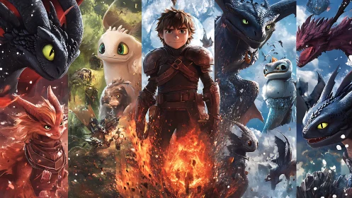 Heroic dragon rider stands amid fiery elemental realms.