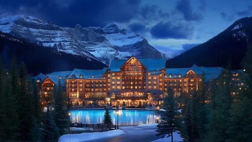 Mountain resort hotel at dusk with illuminated lakeside facade.