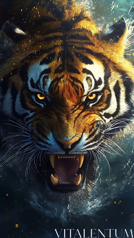 Roaring tiger portrait amid splashing water, digital art.