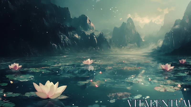 Mystic lotus lake mirrors misty mountains at twilight.