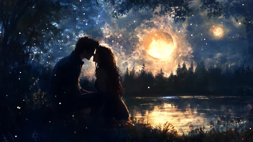 Moonlit Kiss by Luminous Waters Under Starlit Sky.