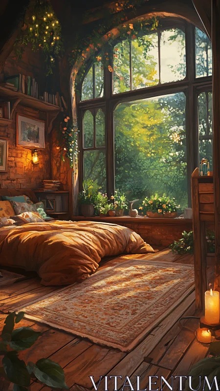 Sunlit forest bedroom sanctuary glows with warm rustic charm