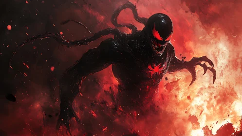 Dark alien creature emerging in red fiery chaos background.