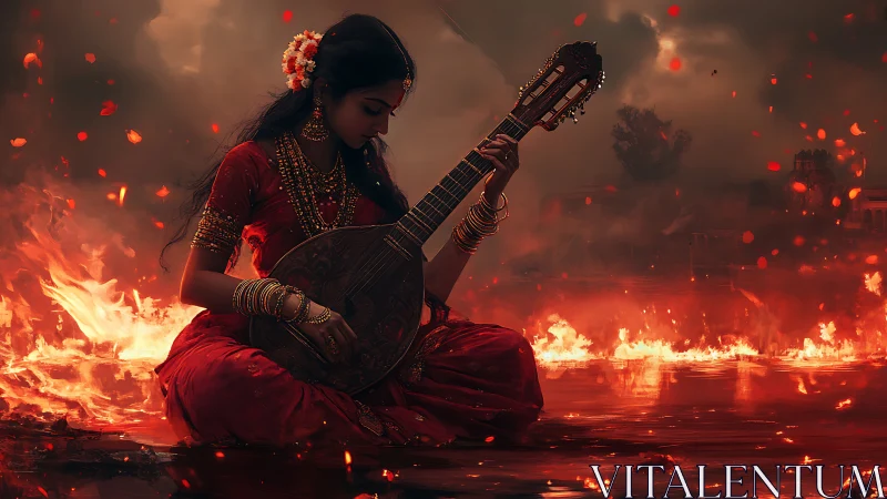 Woman in red sari playing stringed instrument amid fire scene.