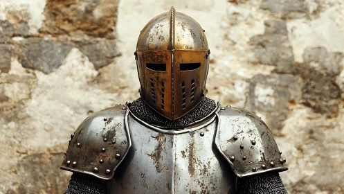Medieval knight in worn plate armor stands before stone wall