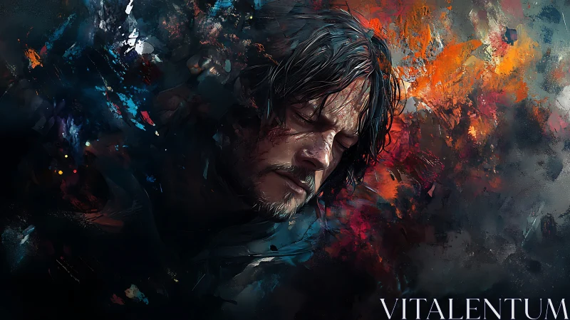 Chromatic turbulence encircling contemplative male portrait.