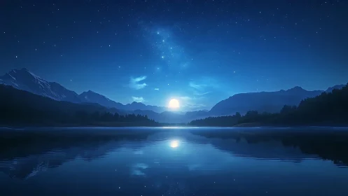 Moonlit mountain lake under deep blue starry sky.