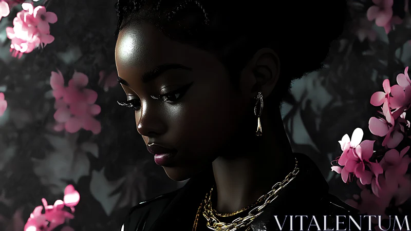 Midnight muse glows amid soft pink blossoms and shadowed gold.