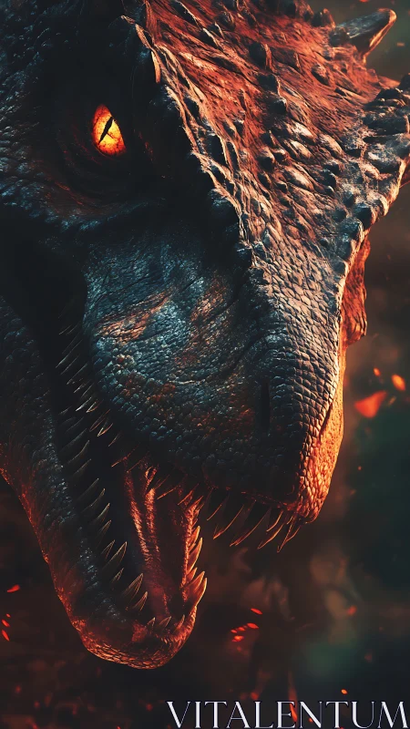 Predatory dinosaur head glows with molten backlight and embers