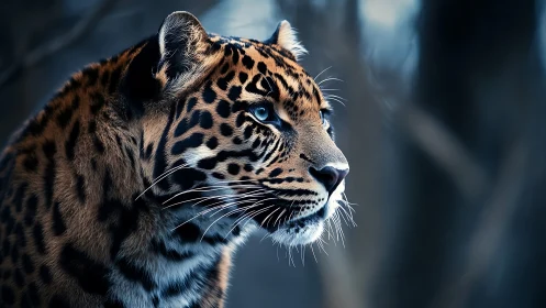 Leopard Portrait with Striking Blue Eyes and Lateral Composition