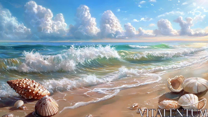 Sunlit seashell shoreline meets luminous rolling surf.
