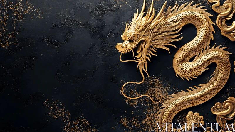 Gold dragon relief on dark textured background wall.