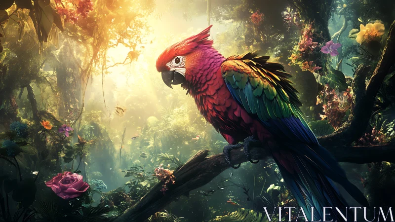 Multicolored parrot perches on branch in dense forest light