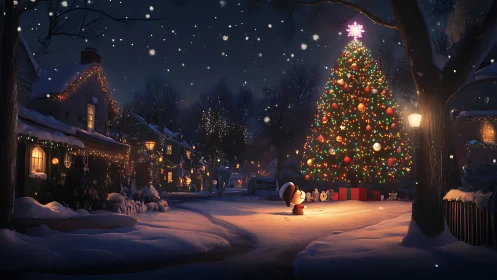 Snowy village glows around a towering Christmas tree at night.