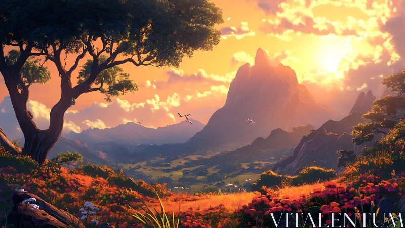 Sunlit valley dreaming beneath a blazing ember summit.