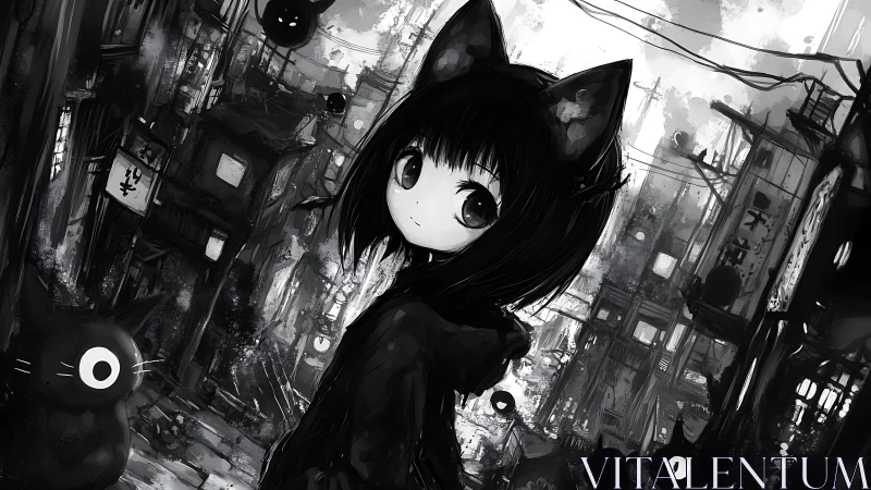 Curious cat eared girl quietly wanders her shadowed city