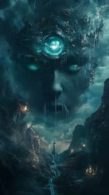 Colossal cosmic face looms above storm-worn canyon lighthouse