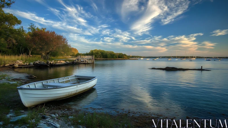 Coastal Harbor Dawn: Moored Rowboat with Sailboats and Autumn Shoreline