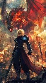 Blond warrior defies a blazing inferno dragon above ruinous city.