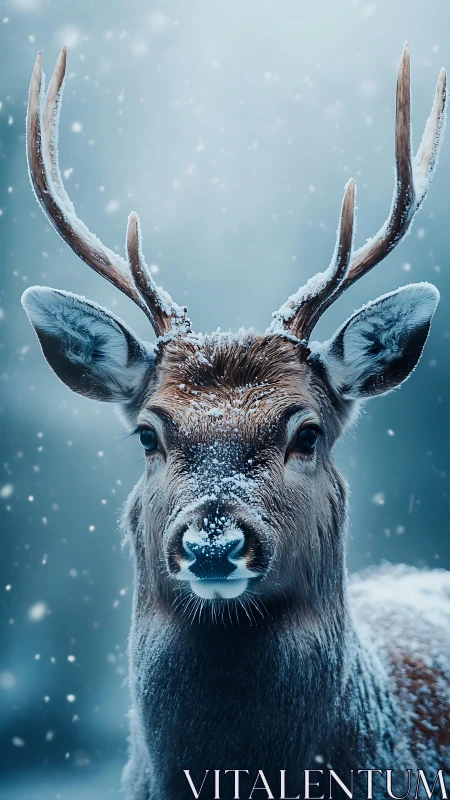 Gentle winter stag meeting the snowfall in quiet focus.