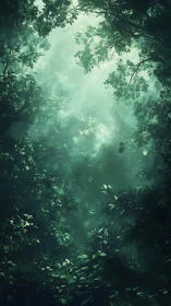 Verdant Forest Canopy Through Misty Light Beams