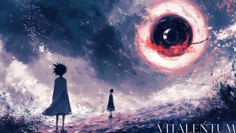 Storm-swept silhouettes confront a luminous vortex in turbulent sky