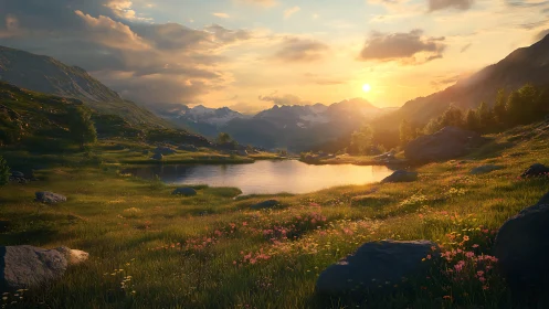 Sunlit mountain hollow cradles a mirror-bright alpine lake