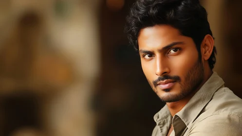 Confident man in tan shirt against warm blurred background.