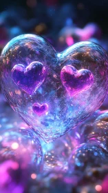 Luminous Neon Hearts in Translucent Bubble Form with Iridescent Glow