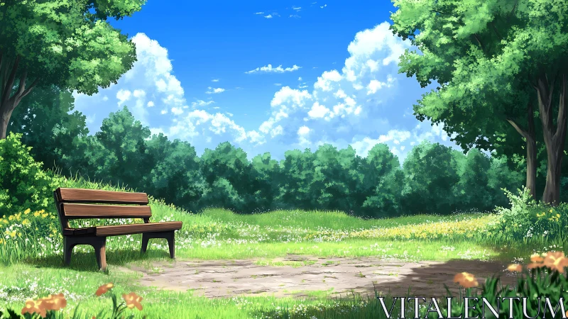 Sunny park bench inviting a quiet moment of gentle pause.