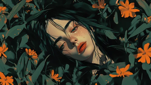 Digital portrait of freckled woman framed by saturated orange flora