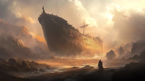 Colossal derelict ship looms above rocky, misty shoreline