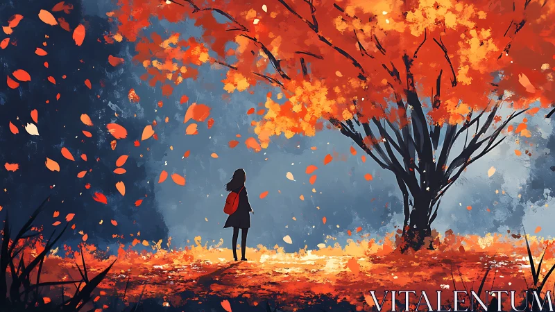 Digital painting of lone girl under vivid autumn tree canopy.